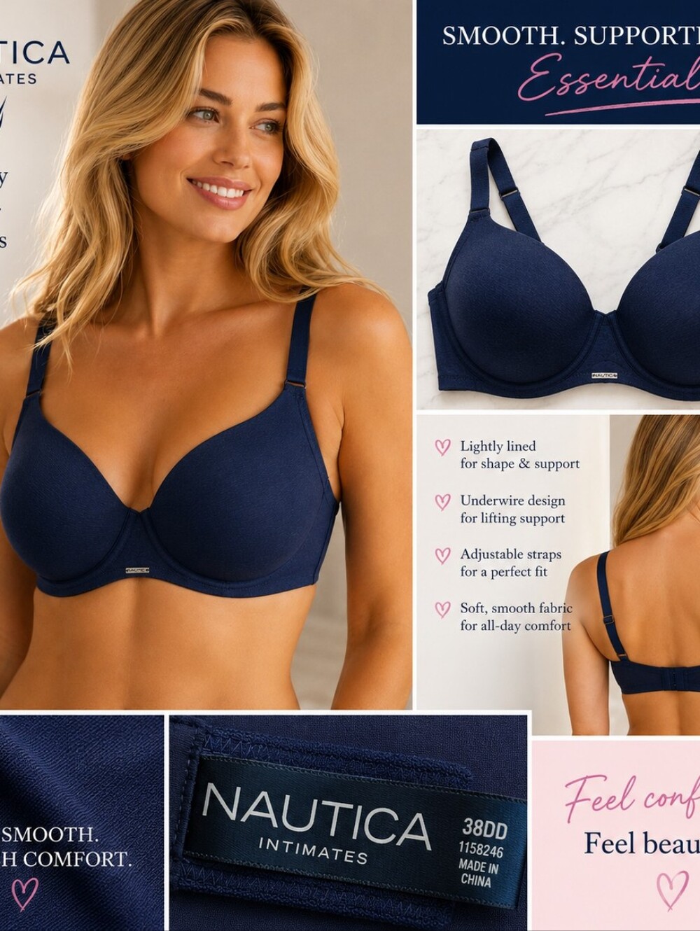 Nautica 38DD Navy Blue Padded Underwire Bra Everyday Full Coverage Lingerie